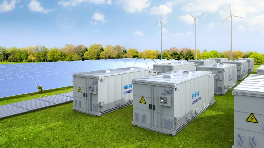 Renewable energy storage facility with rows of industrial lithium battery banks set against a backdrop of solar panels and wind turbines, illustrating a modern off-grid power solution