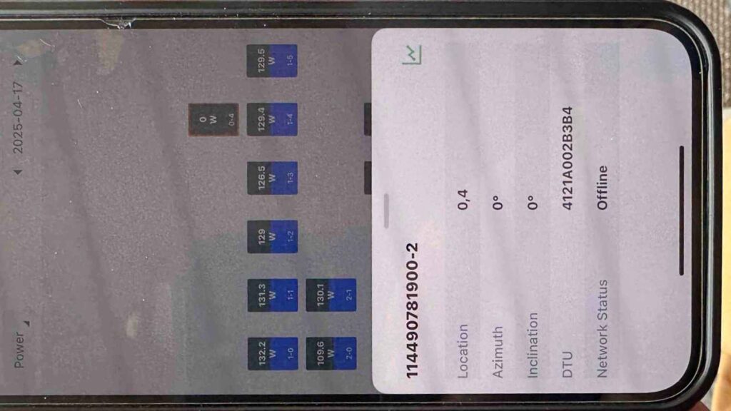A smartphone screen displaying per‑panel wattage readings and system status (offline) in a solar monitoring application.