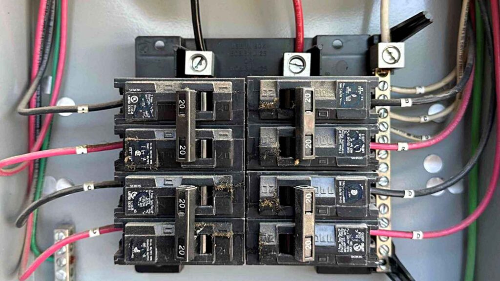 A close‑up of a residential breaker panel showing six 20 A Siemens breakers with red and black wires labeled for solar circuits.