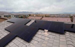 Rooftop solar panels installed on a tile roof in a Las Vegas residential area, awaiting Solar Interconnection approval